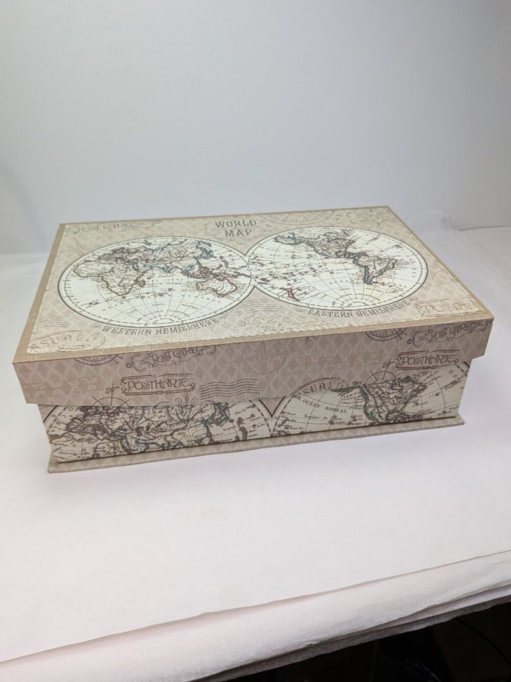 Vintage World Map Storage Box Antique Globe Keepsake Enchante Travel Tan